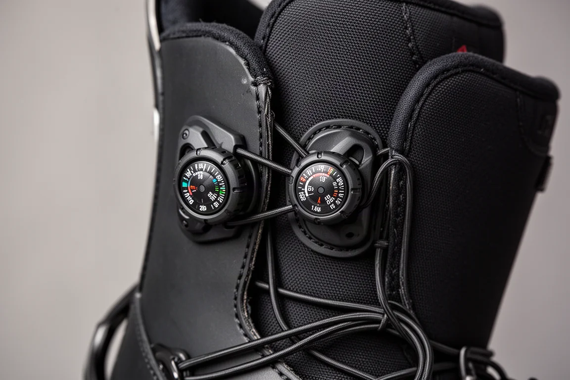 Close-up of two dial cable lacing dials on a snowboard boot