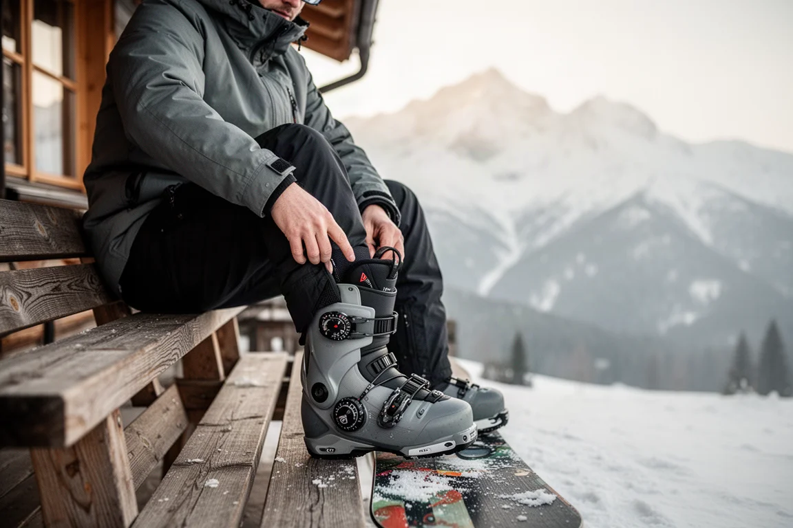 Snowboarder adjusting boot in a snowy mountain setting
