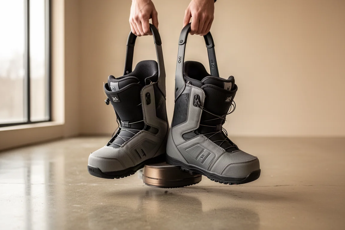 Carrying a pair of snowboard boots by their built-in handles