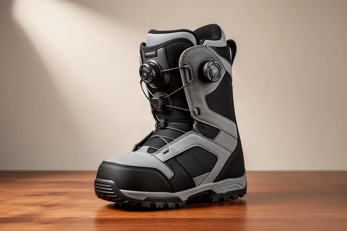 Battalion Rave Boa snowboard boot with dual dial lacing on wooden surface