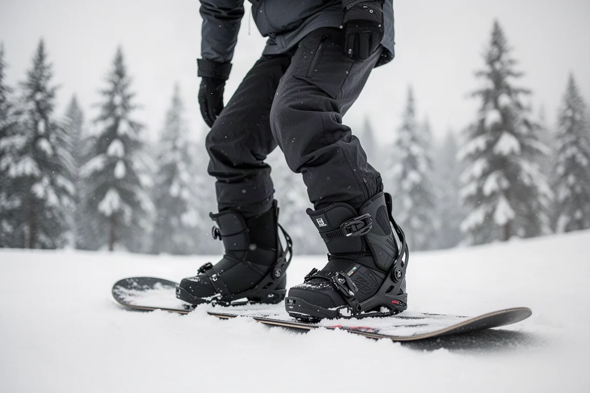 Snowboardeur fléchissant une boot vers l'avant sur une pente enneigée pour tester l'articulation de la cheville