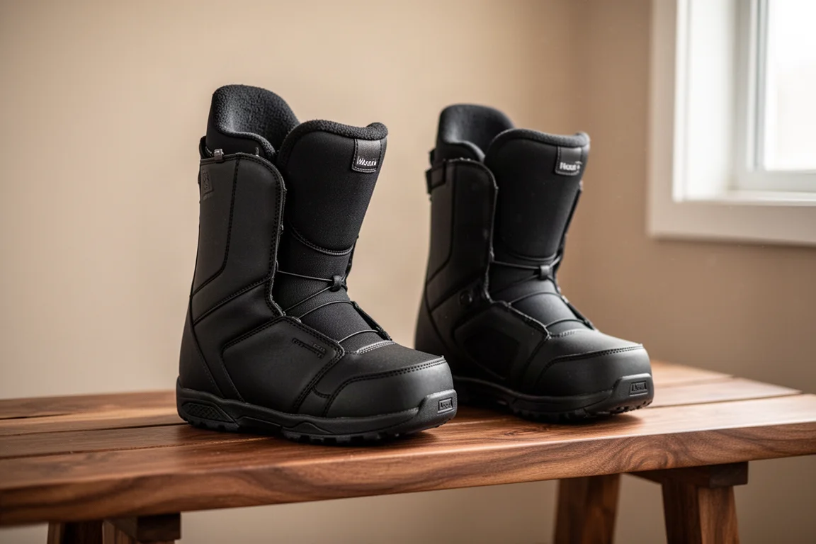 Chaussette de boot de snowboard posée sur un banc en bois à côté d'une boot