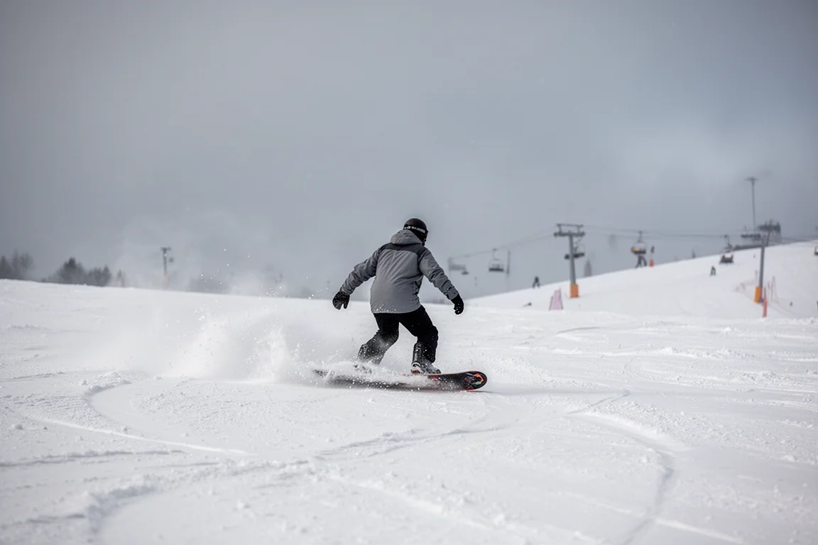 Snowboarder che traccia curve nella neve fresca e molle su una pista da resort