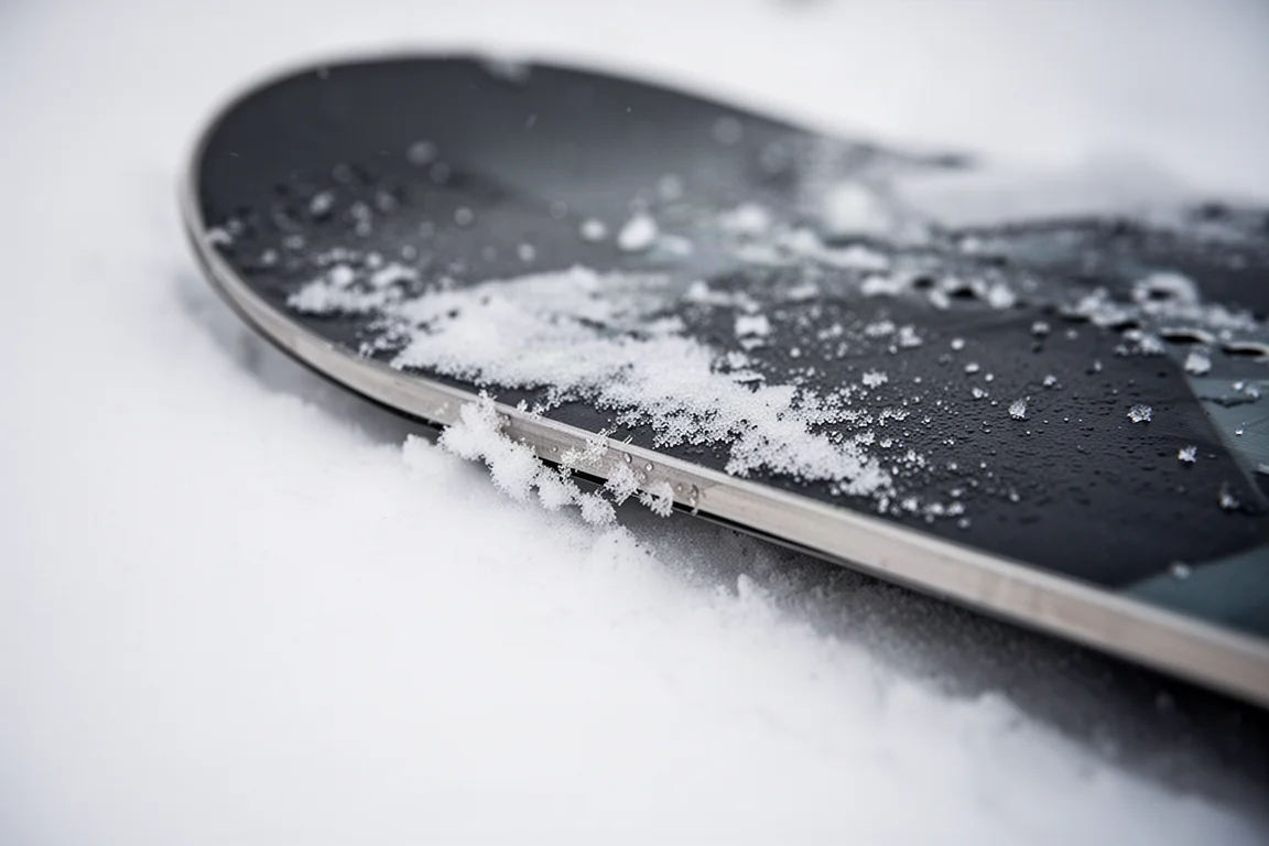 Primo piano del canto di uno snowboard che morde la neve compatta