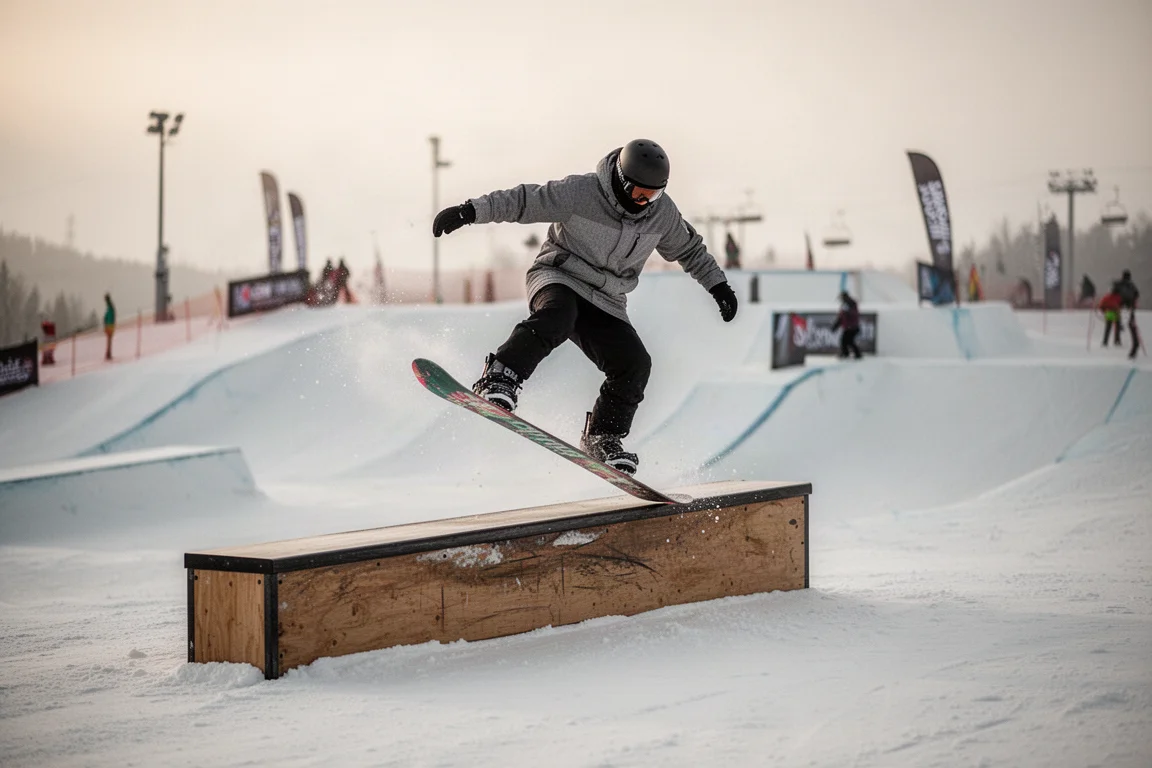 Snowboarder che esegue butter e press su un jib nel parco