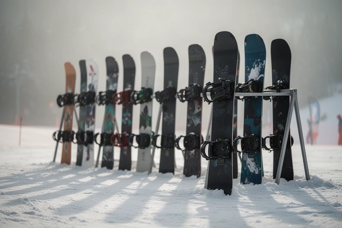 Snowboard su un rack da demo day sotto una luce mattutina soffusa