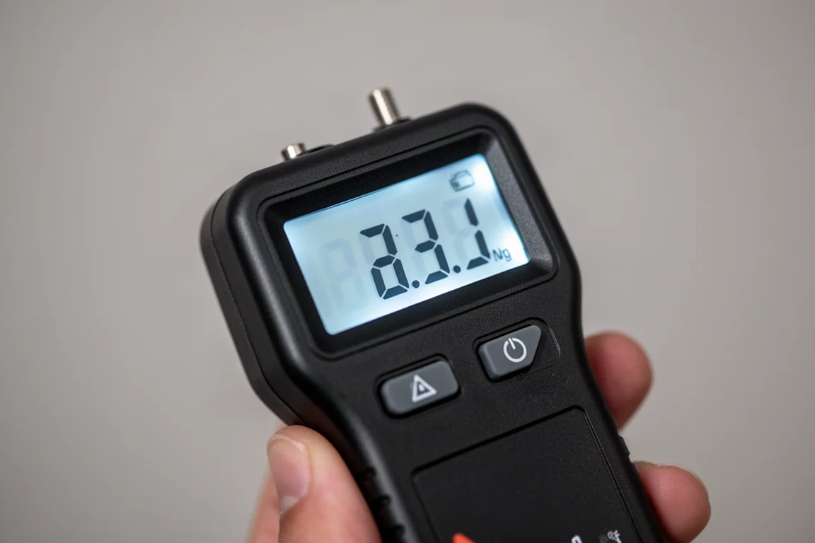 Bakgrundsbelyst LCD-display på en batteritestare som visar spänningsavläsningar