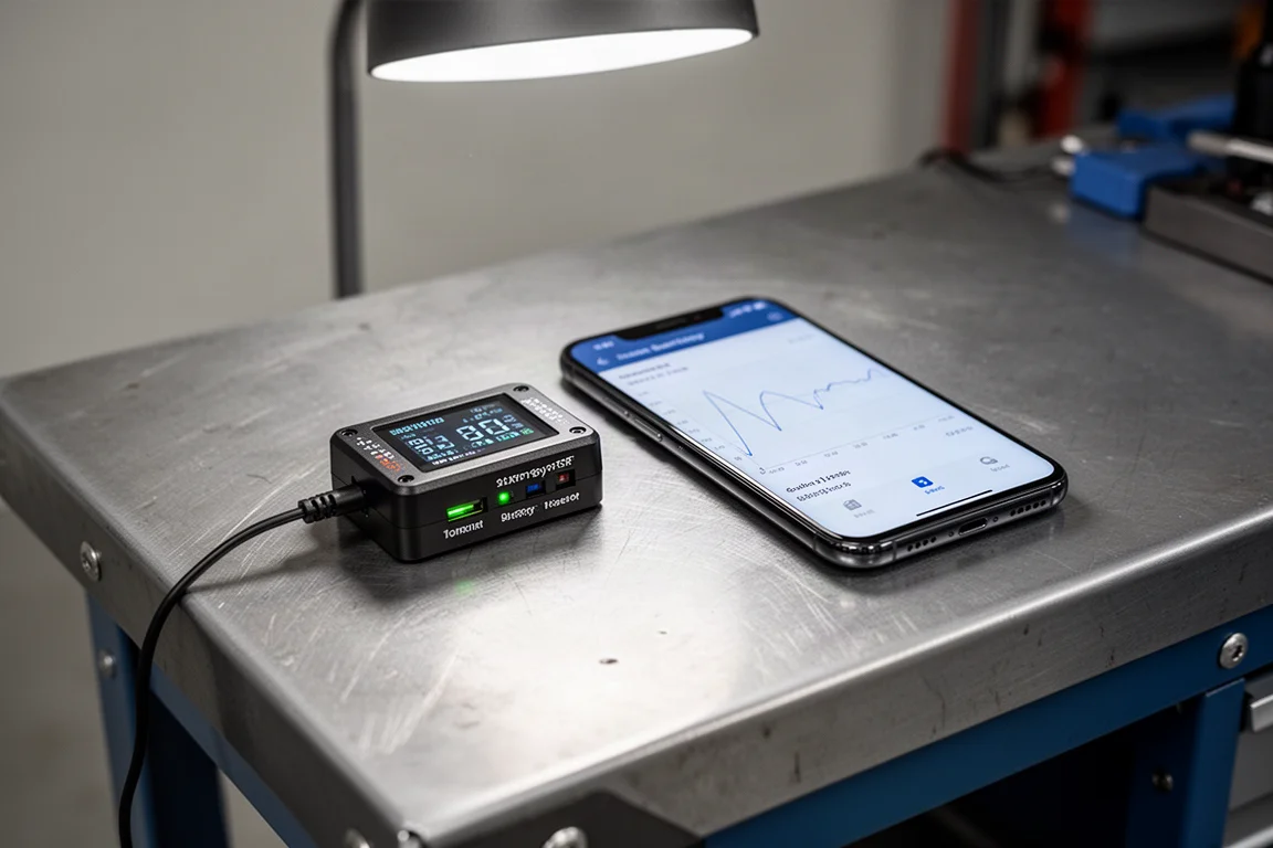 Smart batteritestarmodul ansluten bredvid en smartphone på en garagebänk