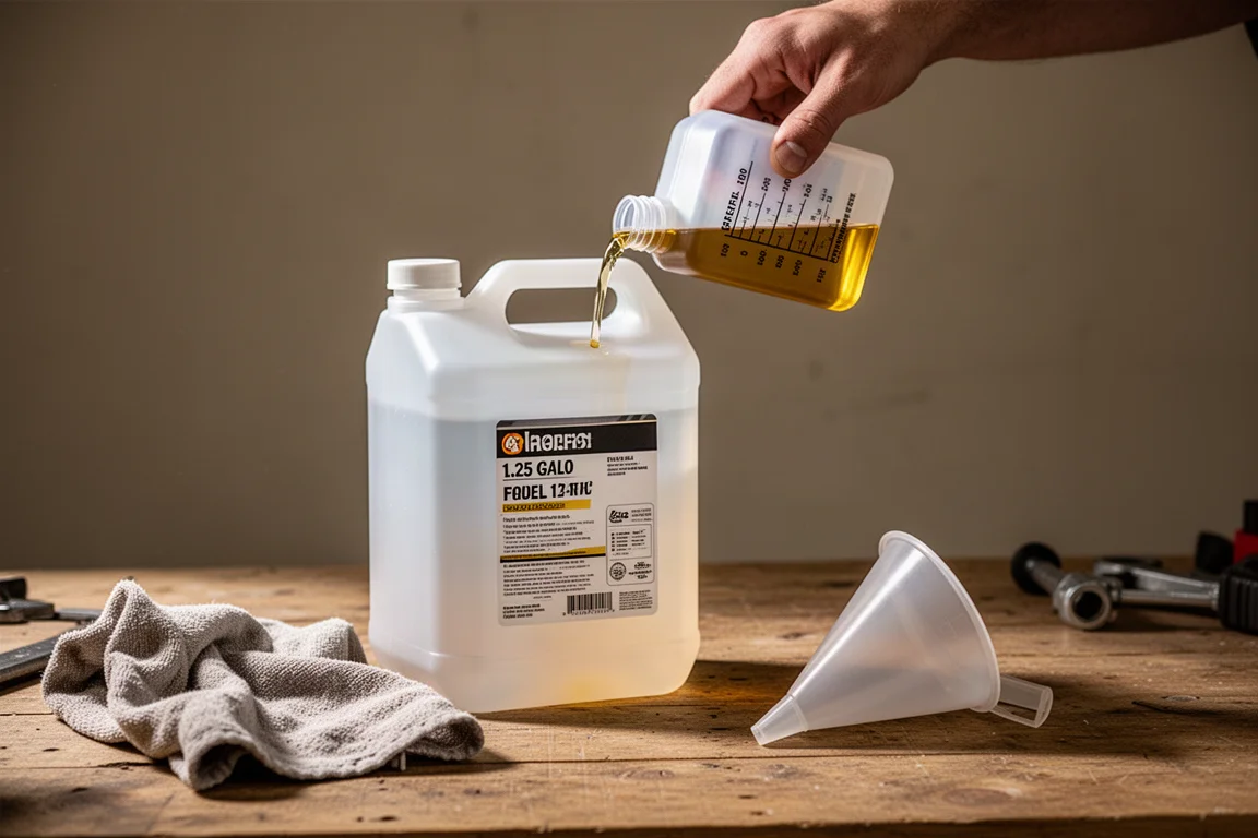 Recipiente medidor pequeño mezclando aceite de dos tiempos en un bidón de gasolina sin etanol