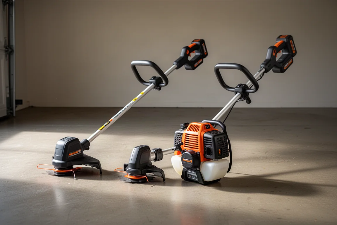 Battery-powered and gas string trimmers side by side on a concrete floor