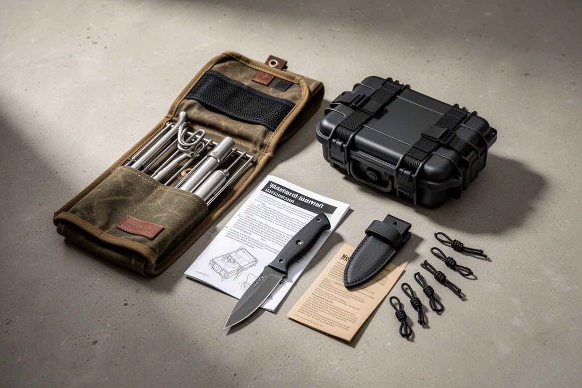 Compact outdoor gear including a knife, hard case, and canvas pouch on concrete