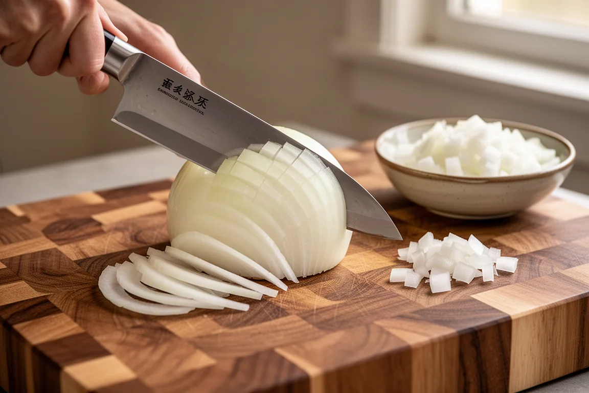Cipolla tagliata finemente su un tagliere di legno con un coltello da cuoco affilato