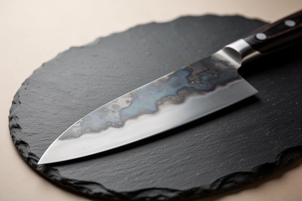 Coltello da cuoco in acciaio al carbonio con una patina grigio-azzurra in formazione sulla lama