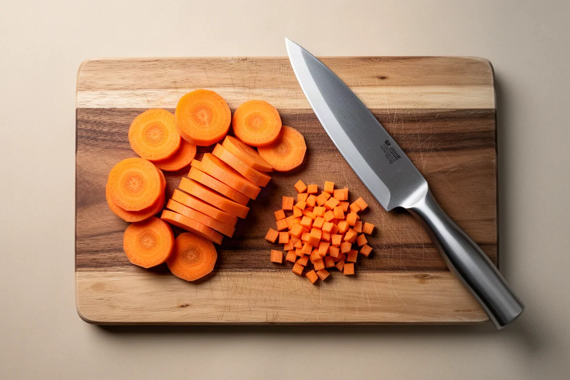 Fette di carota e un fine brunoise disposti su un tagliere