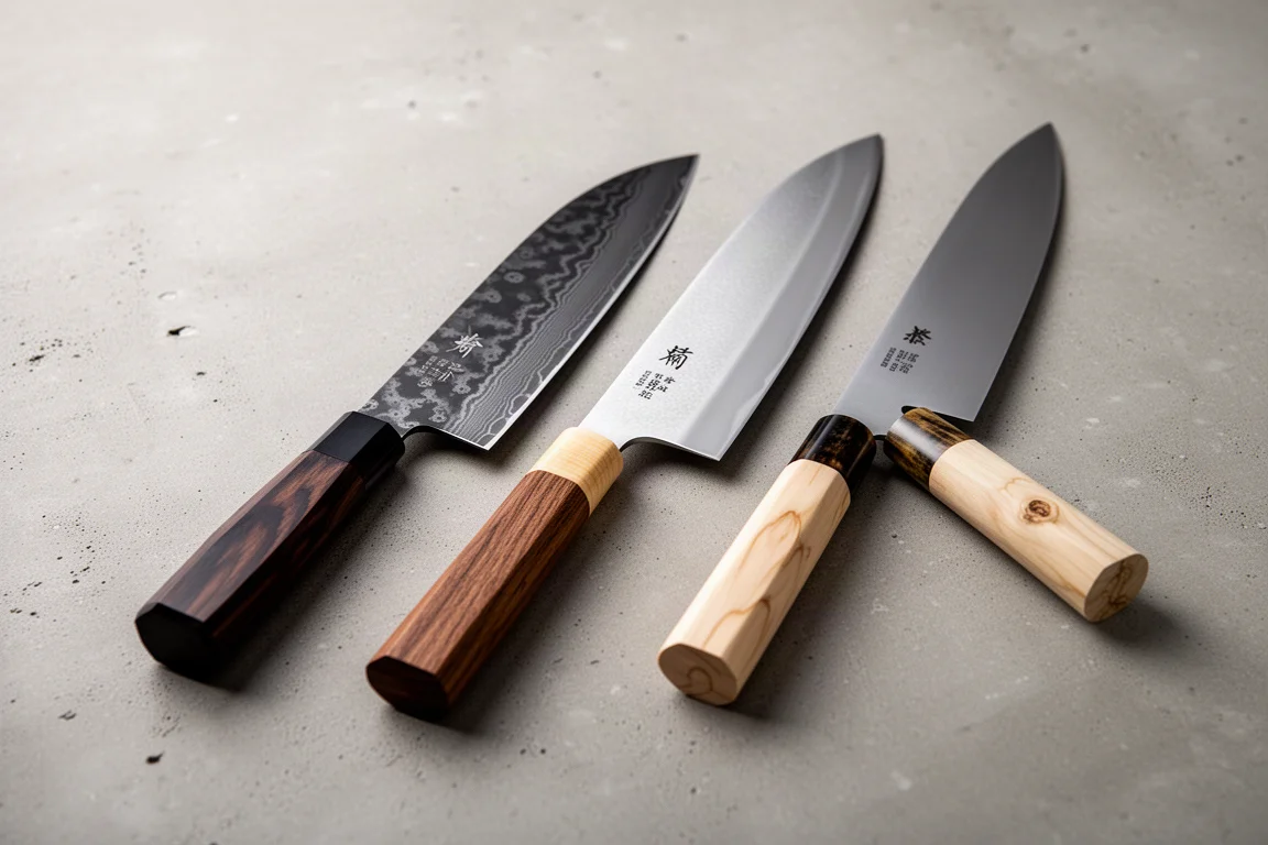 Three 240mm Japanese gyuto knives arranged side by side on a concrete surface