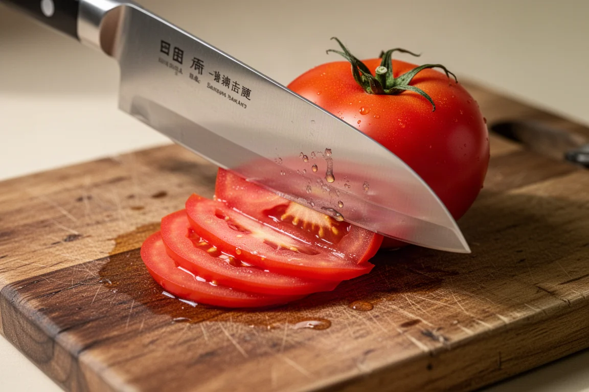 Coltello santoku affilato che affetta un pomodoro maturo su un tagliere di legno