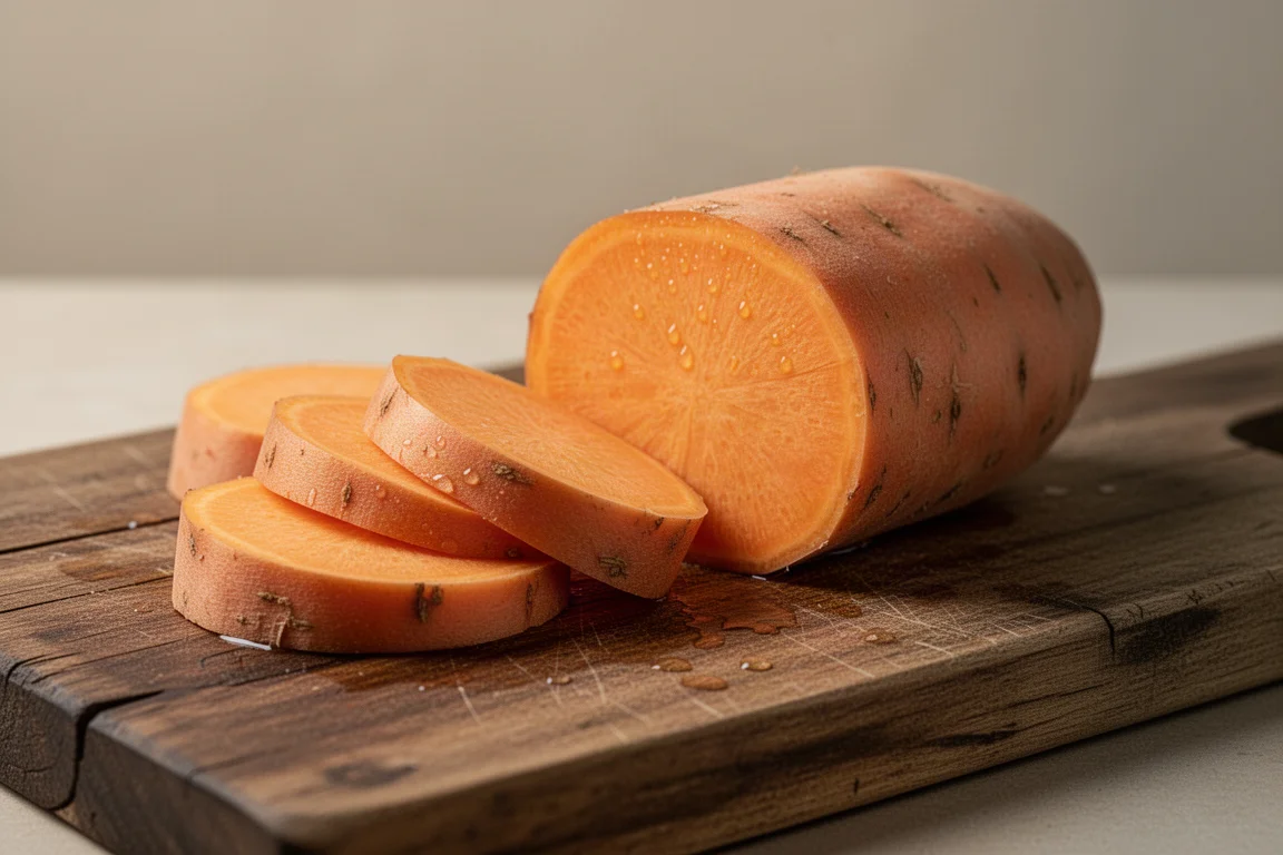 Spesse fette arancioni di patata dolce tagliate su un rustico tagliere di legno