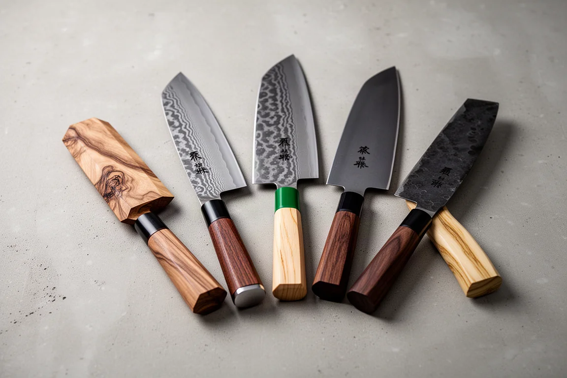 Cinco facas santoku japonesas com cabos e acabamentos diferentes dispostas sobre uma superfície de concreto
