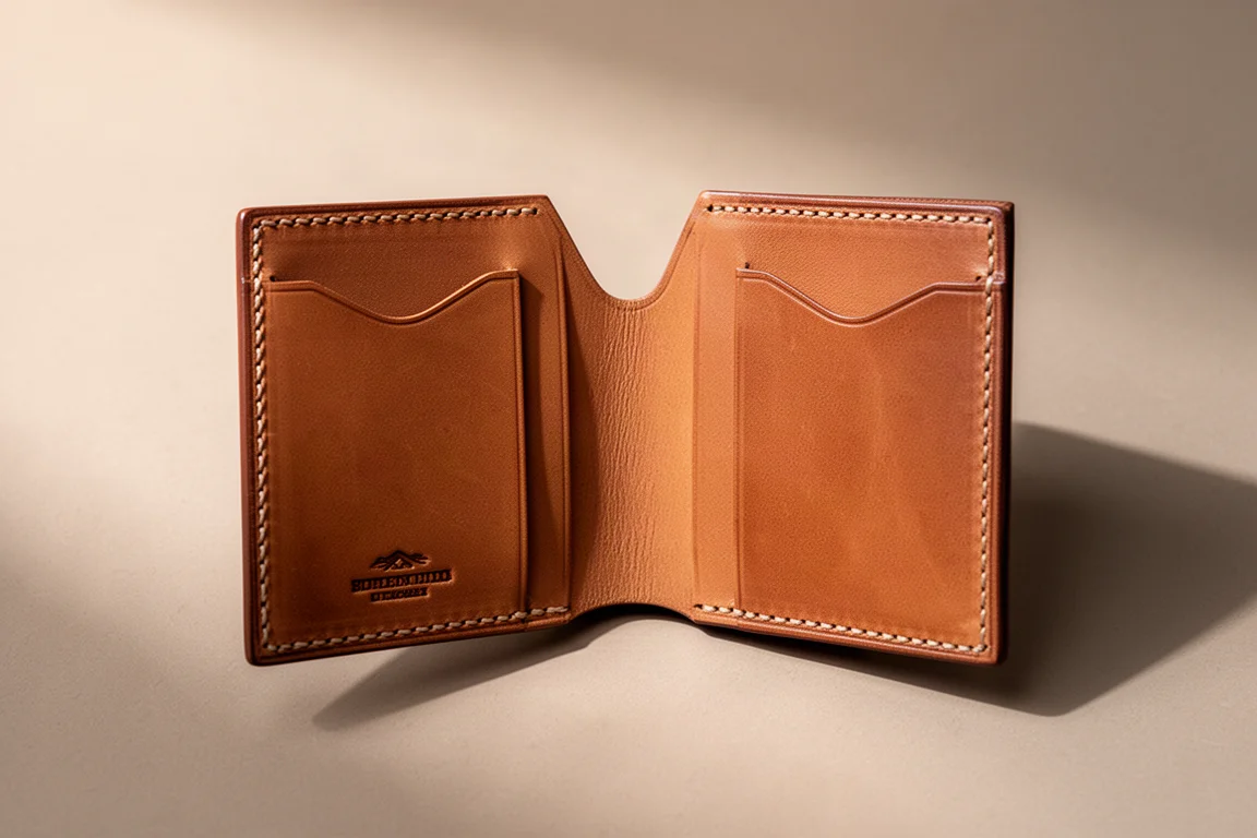 Ungewöhnliche Dreifach-Brieftasche aus Leder mit T-förmiger Faltung, auf einem Tisch geöffnet