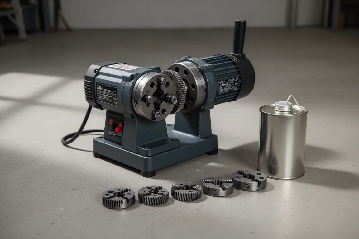 Bauer portable pipe threader with six dies and oil can on concrete workshop floor