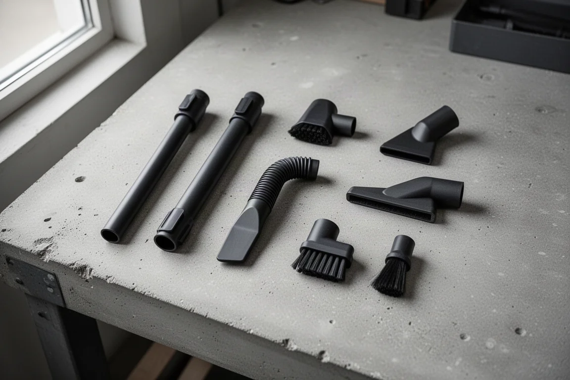 Vacuum accessory kit pieces arranged on a workshop bench