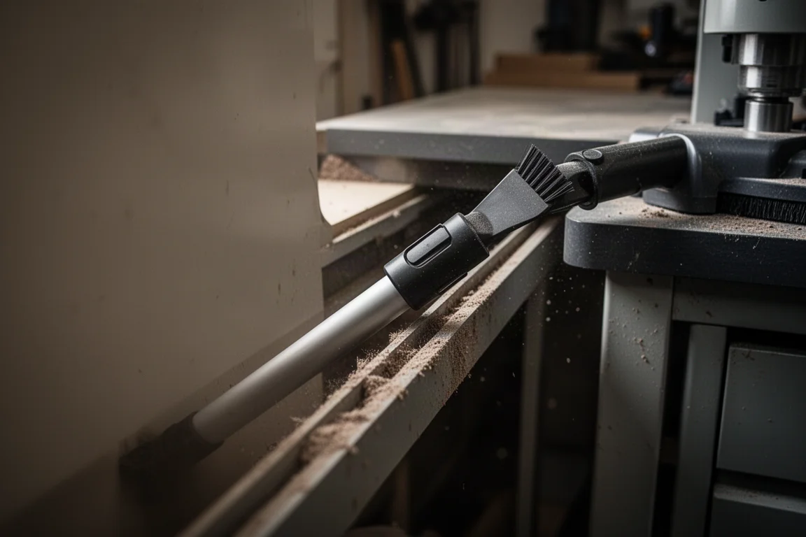 Vacuum crevice tool reaching into a tight gap between machines