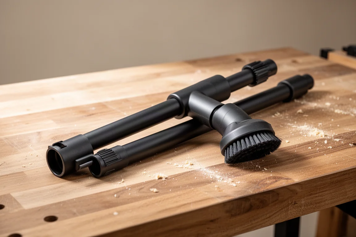 Fully assembled vacuum wand with brush attachment on a workbench
