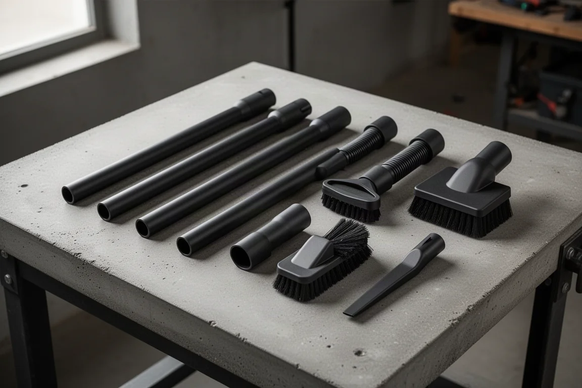 Nine-piece vacuum accessory kit arranged on a workshop bench