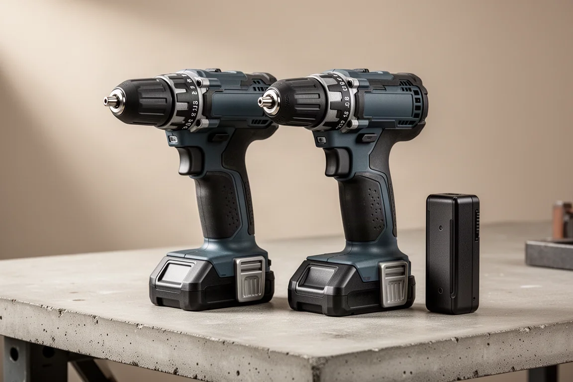 Two cordless drills and a battery pack arranged on a concrete workbench