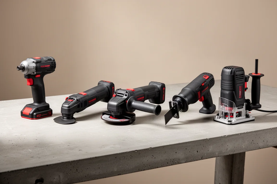 Lineup of six Bauer cordless power tools on a concrete workbench