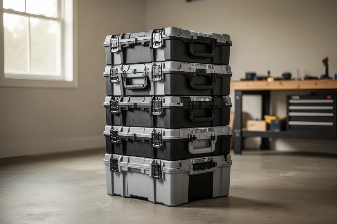 Modular toolbox stack tower standing in a garage workshop