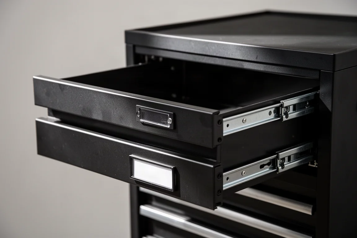 Close-up of smooth metal drawer slides on a toolbox drawer unit