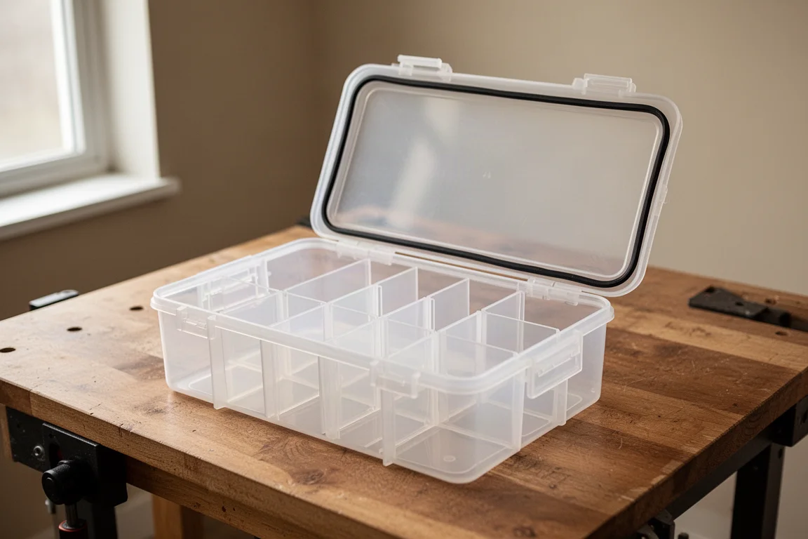 Small parts organizer box with clear divided bins on a workbench