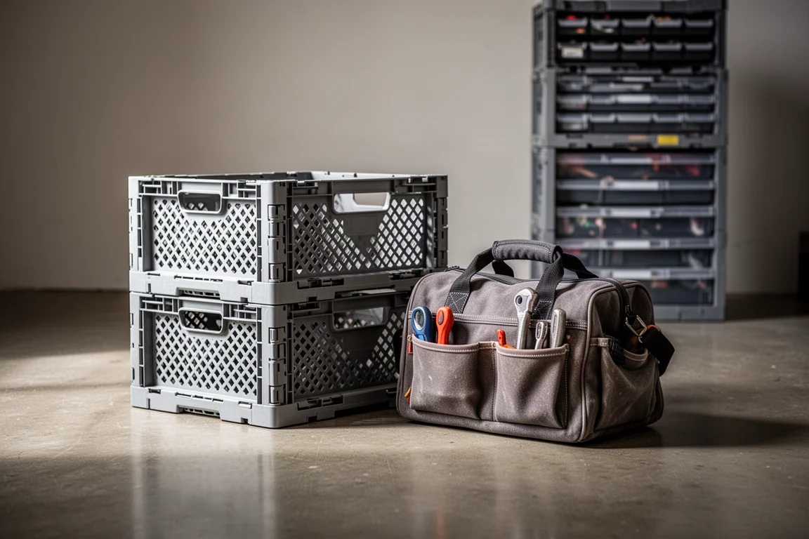 Modular tool bags and stackable storage crates on a workshop floor