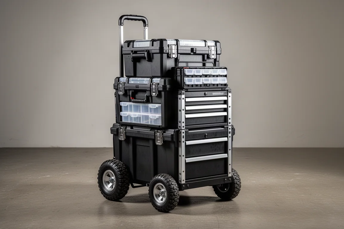 Modular toolbox stack system with drawers and organizer boxes on a concrete floor