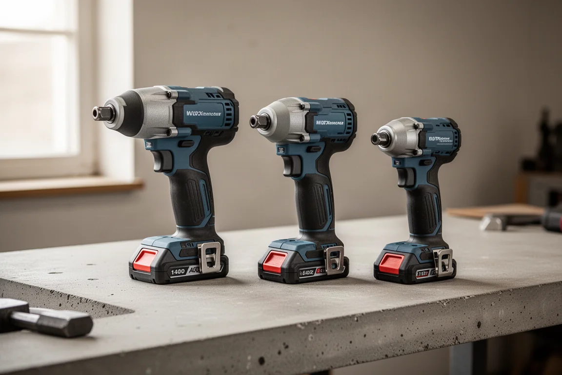 Three cordless impact drivers lined up on a workshop bench under soft light