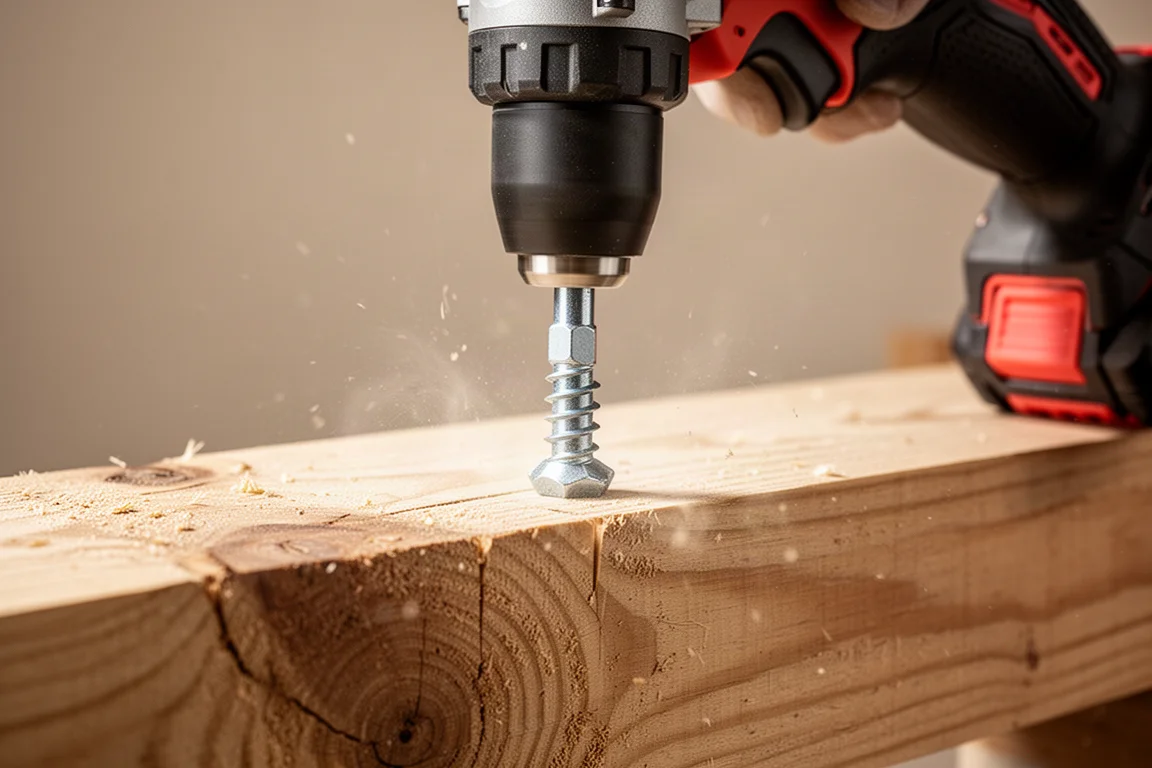 Impact driver driving a large lag bolt into a thick wooden beam
