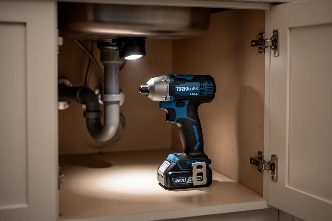 Impact driver working in a tight drawer cabinet space under a sink
