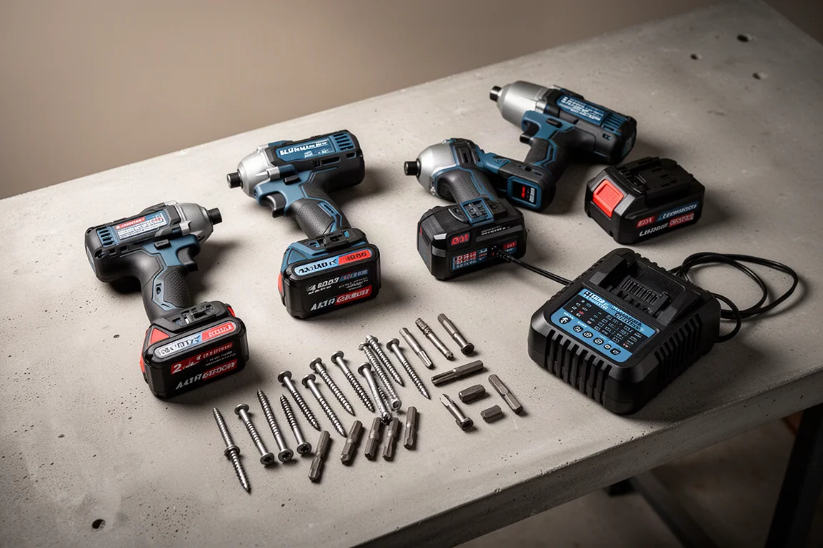 Workshop bench with impact drivers, batteries and test fasteners laid out