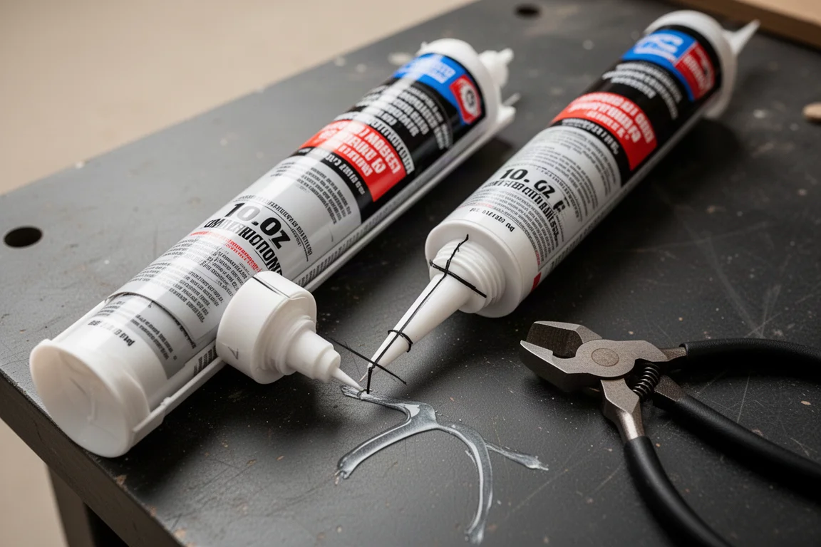 Two 10-oz adhesive tubes marked and cut for a side-by-side bead test