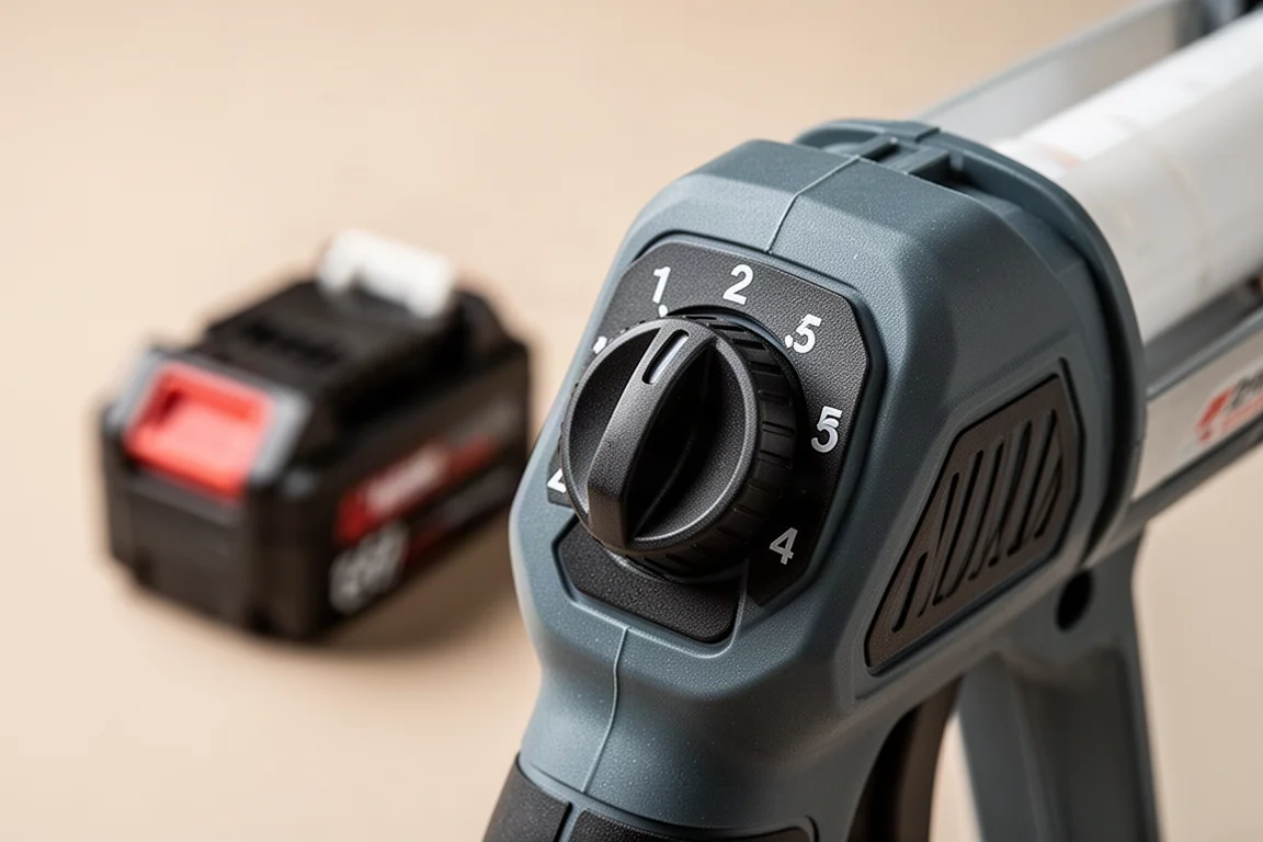 Close-up of a caulk gun speed dial showing five numbered settings