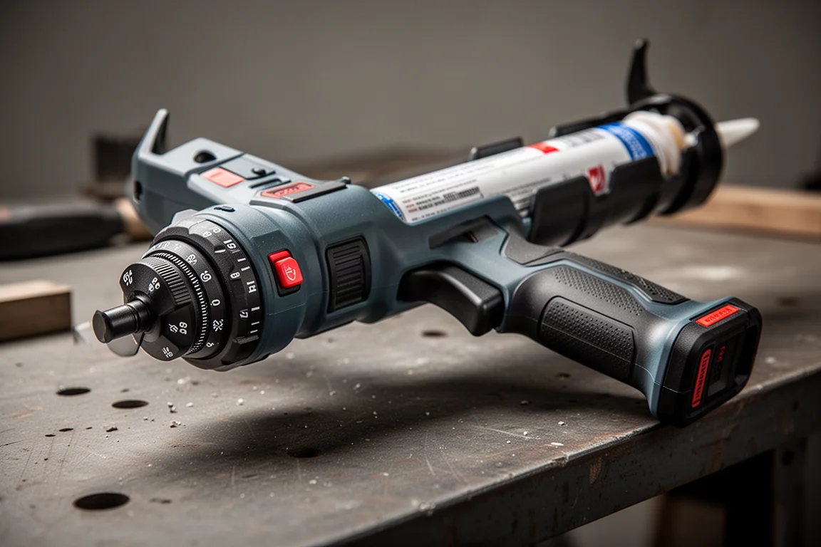 Two caulk guns laying clean adhesive beads on scrap material outdoors