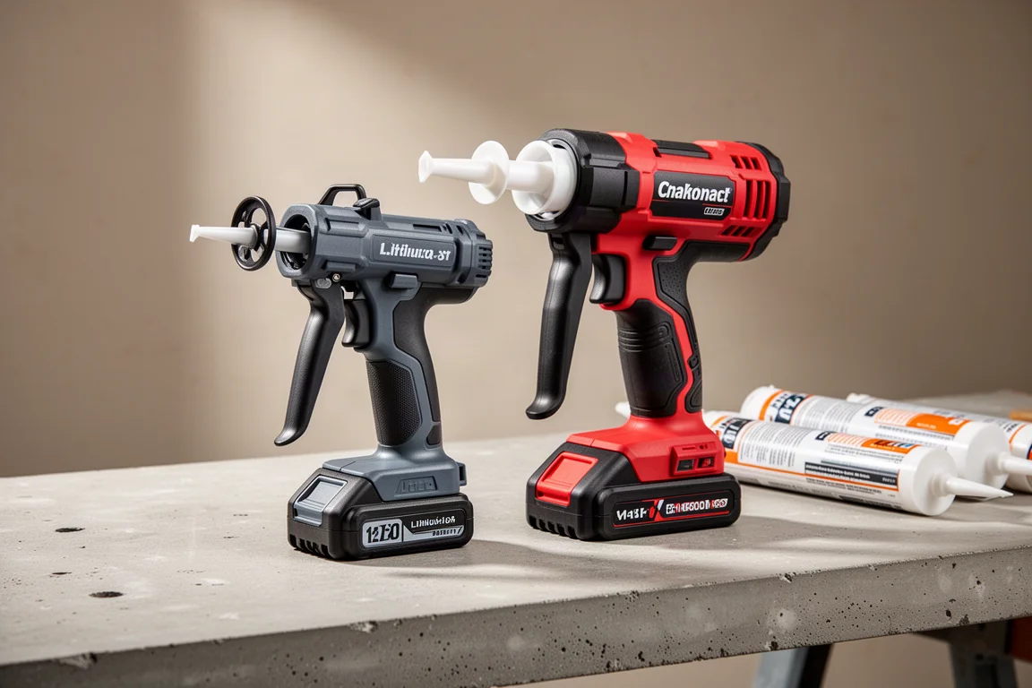 Two cordless caulk guns side by side on a workbench with adhesive tubes