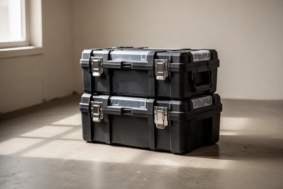 Modular tool boxes stacked in a workshop with latches closed
