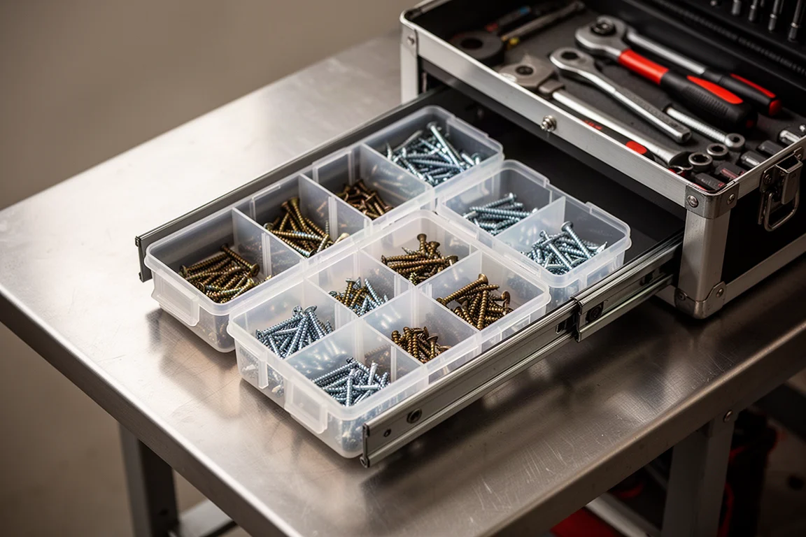 Open tool box drawer with removable trays holding fasteners