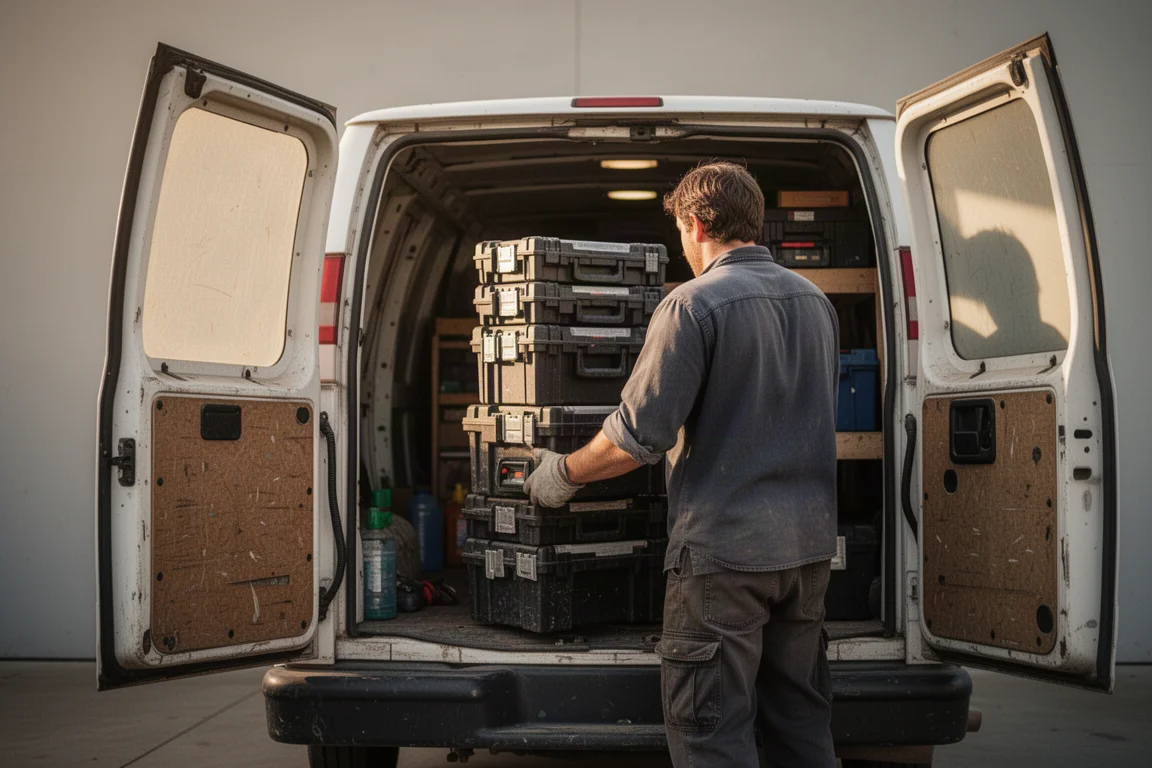 Contractor loading tool boxes into a work van