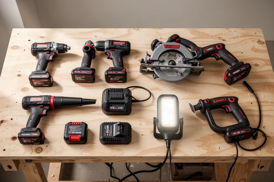 Six outils électriques sans fil disposés sur un établi avec des batteries et un chargeur