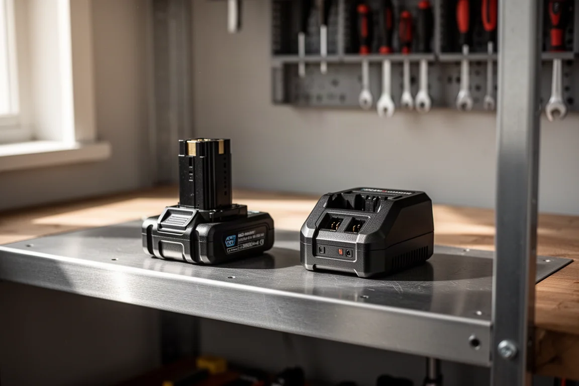 Batteries et chargeur sur une étagère d'atelier sous une lumière douce
