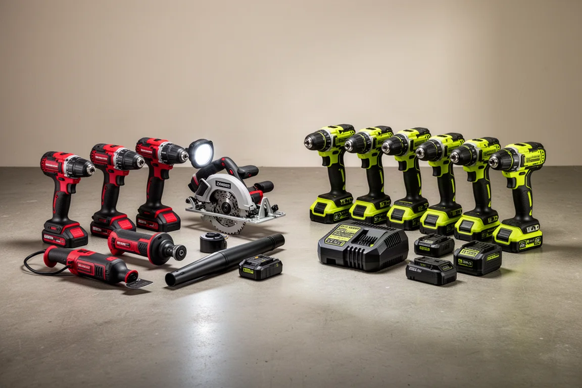 Two six-tool cordless power tool combo kits side by side on a concrete floor