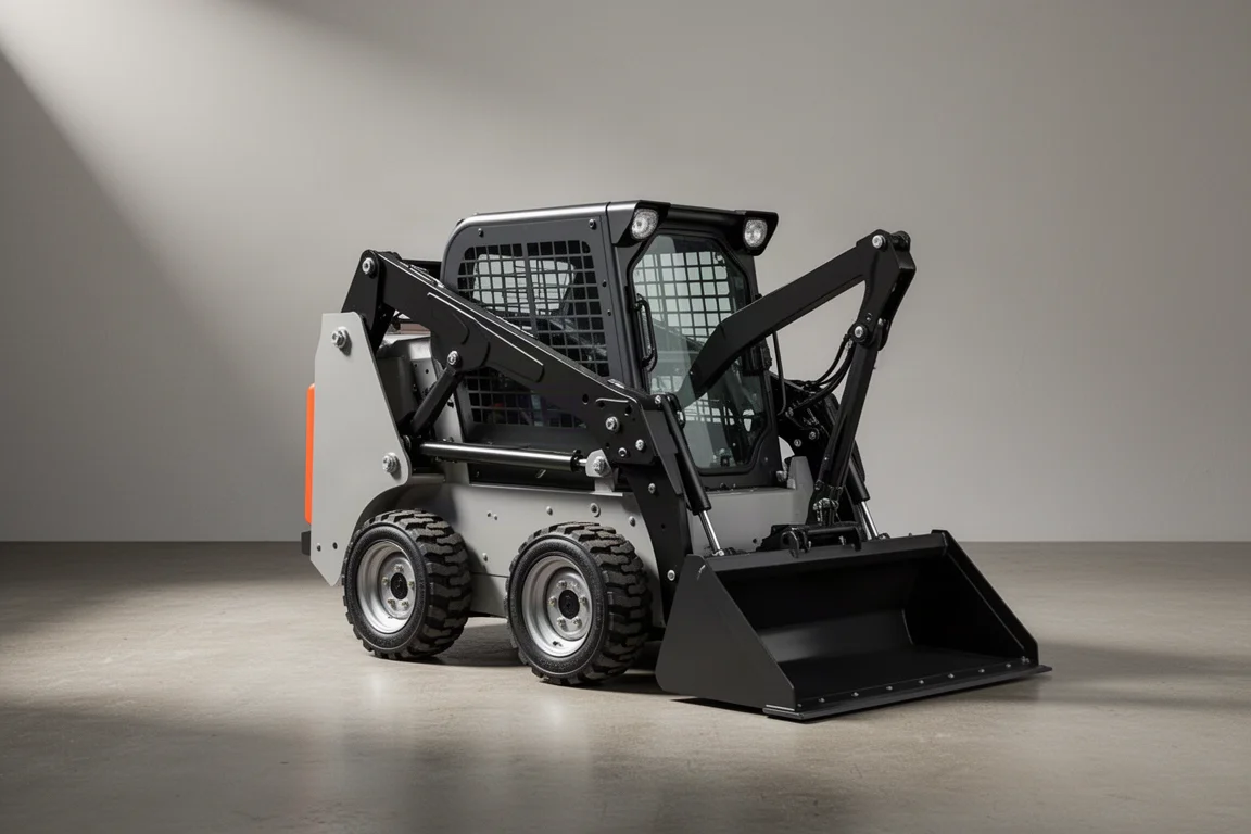 Compact mini skid steer loader photographed at a three-quarter angle on a concrete surface